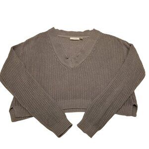 Purplish Grey Knit Cropped Sweater V-Neck Cotton Mix Medium Jumper Cozy Cloth